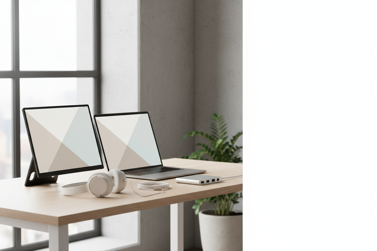 Bureau mobile minimal: écran secondaire fin à côté d’un ordinateur portable, casque posé, hub USB‑C visible, ambiance scandinave lumineuse, couleurs neutres, style e‑commerce premium, grand espace négatif à droite pour le CTA