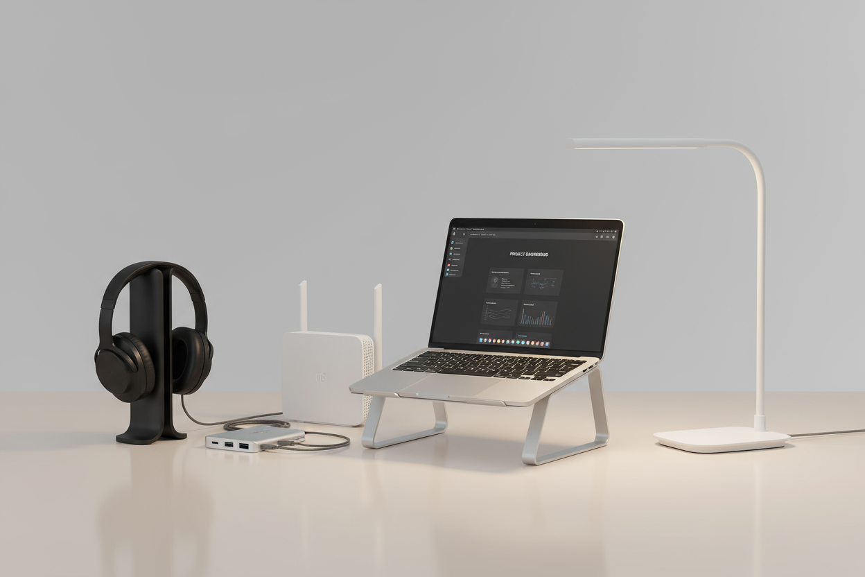 Composition pro télétravail: écran portable, casque antibruit, hub USB‑C, lampe de bureau, routeur Wi‑Fi et support laptop, style e‑commerce minimal sur fond clair.